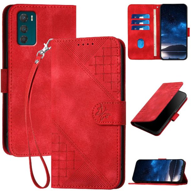 Funda Flip Premium Fibra de Carbono para Motorola MOTO G42 con Soporte y Cierre Rojo
