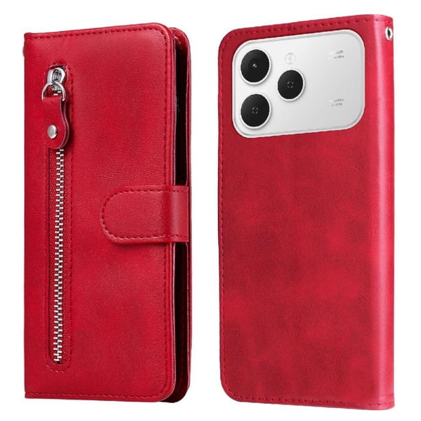 Funda tipo cartera para Tecno Spark 40 4G con bolsillo con cremallera y ranuras para tarjetas – Función de soporte Rojo