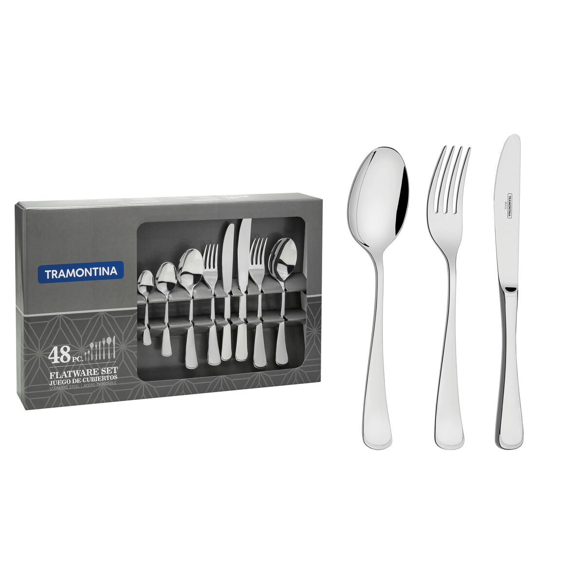 Juego De Cubiertos De 48 Piezas Tramontina Mônaco De Acero Inoxidable Con Cuchillos De Mesa Forjados