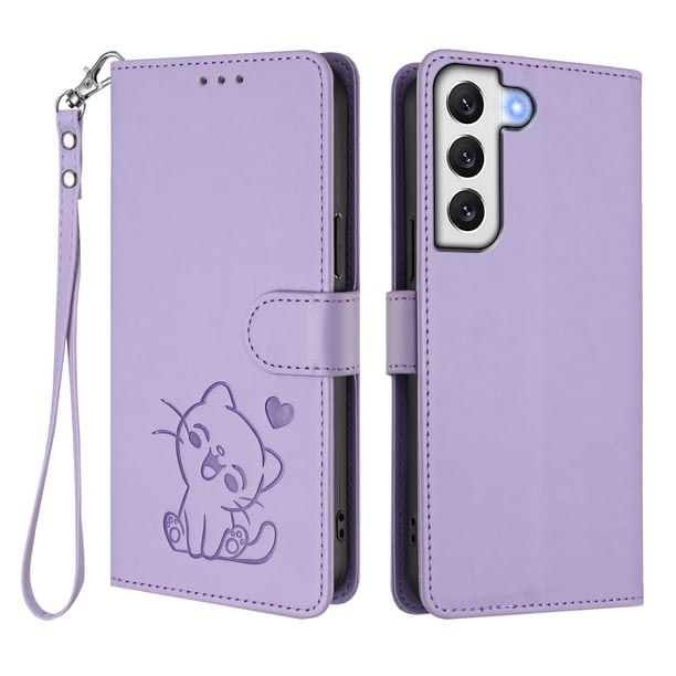Funda Billetera con Relieve de Gato para Samsung Galaxy S22 5G, Lila Claro