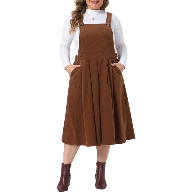 Agnes Orinda Disfraces de Halloween para Mujeres Tallas Grandes Vestido Peto de Pana con Tirantes Ajustables Vintage Cómodo Otoño Invierno Vestidos de Peto Plisados con Bolsillos 1X Marrón