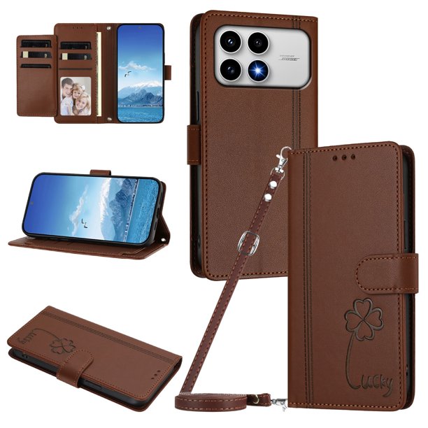 Funda Cartera Trébol para Xiaomi Poco F8 Pro con Ranuras Tarjetas y Carga Inalámbrica Marrón