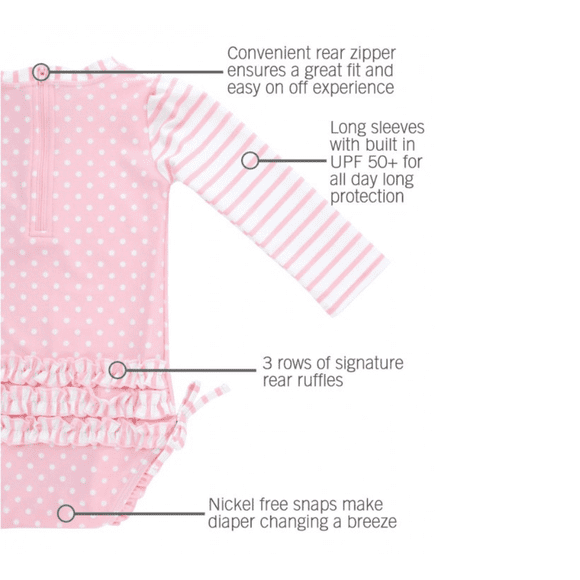 Rash Guard con volantes en el trasero, manga larga, lunares rosas, para niñas de 3 años