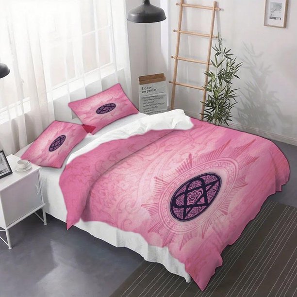 3pcs Pink Gothic Rose Heartagram Art Print Bedding Set Comfortable Polyester Duvet Cover and Pillowcases