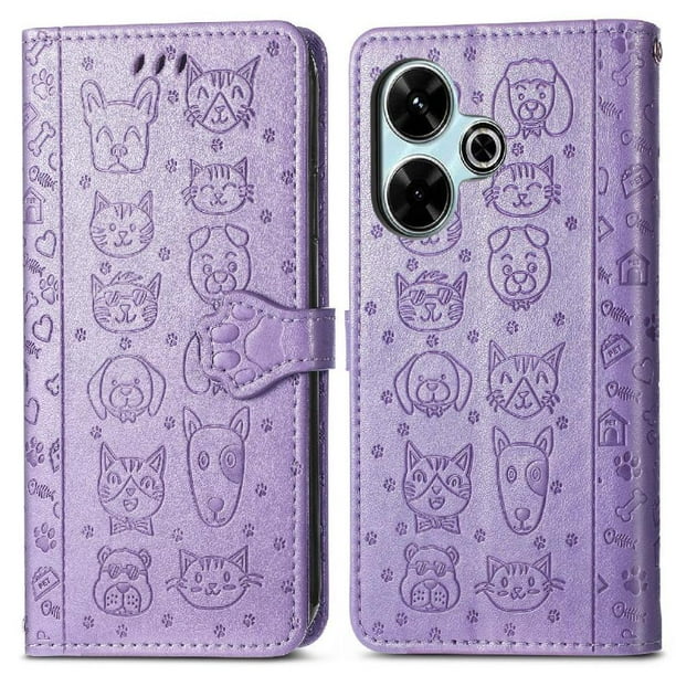 Funda Cartera FOXDOCK para Xiaomi Redmi 13 4G , Flip PU con Relieve de Gatos y Perros, Tarjetero y Soporte