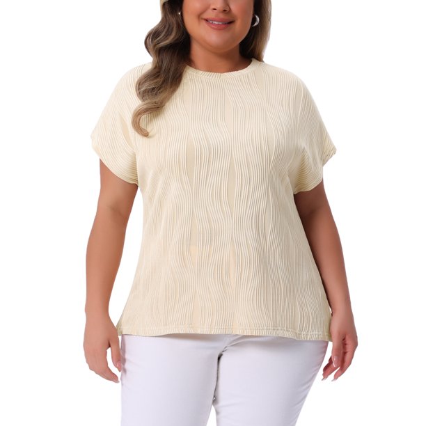 Agnes Orinda Blusas Casuales de Mujer Tallas Grandes Cuello Redondo Texturizado Manga Corta Tejido Sólido 2X Albaricoque