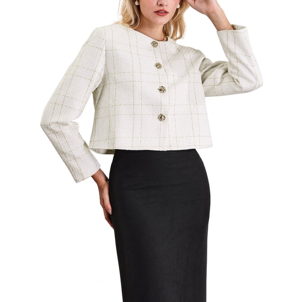 Chaqueta Blazer de Tweed Recortada sin Cuello con Botones al Frente a Cuadros para Mujer INSPIRE CHIC L Beige Blanco