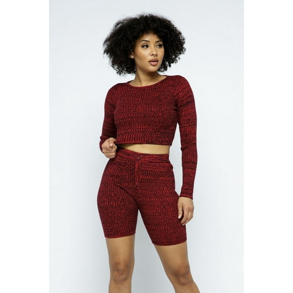 Saronite Conjunto de 2 Piezas de Top Corto de Punto de Manga Larga con Cuello Redondo Acanalado y Shorts de Ciclista de Cintura Alta Basics, Rojo (para Mujer)
