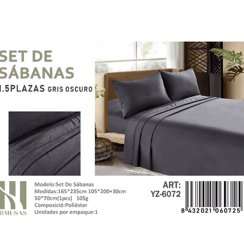 Mundo Shopping - Set De Sabanas Plaza Y Media Color Gris Oscuro 200 Hilos + 1 Funda De Almohada