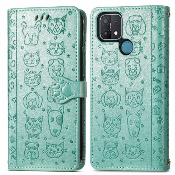 Funda Cartera FOXDOCK para OPPO A15 , Flip PU con Relieve de Gatos y Perros, Tarjetero y Soporte