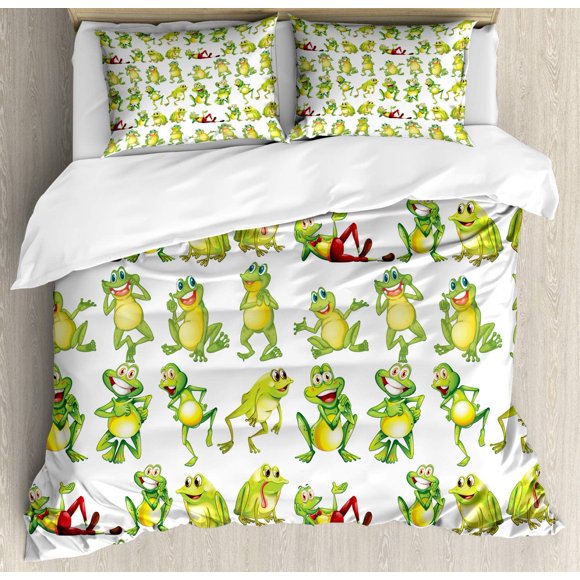 Indie Duvet Cover Set Group of Funky Monsters Society Different Expressions Abstract Groovy Doodle Style Decorative 3 Piece Bedding Set