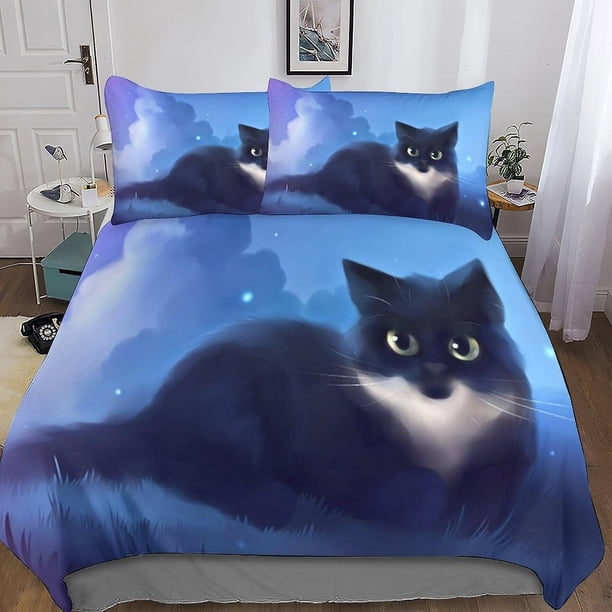 Juego De Ropa De Cama De Gato De Dibujos Animados Funda Nórdica De 3 Piezas De Microfibra Suave Con Cierre De Cremallera Para Dormitorio Infantil Adolescente Y Adulto