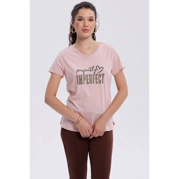 Polera Mujer Print Aplicación Folia Palo Rosa