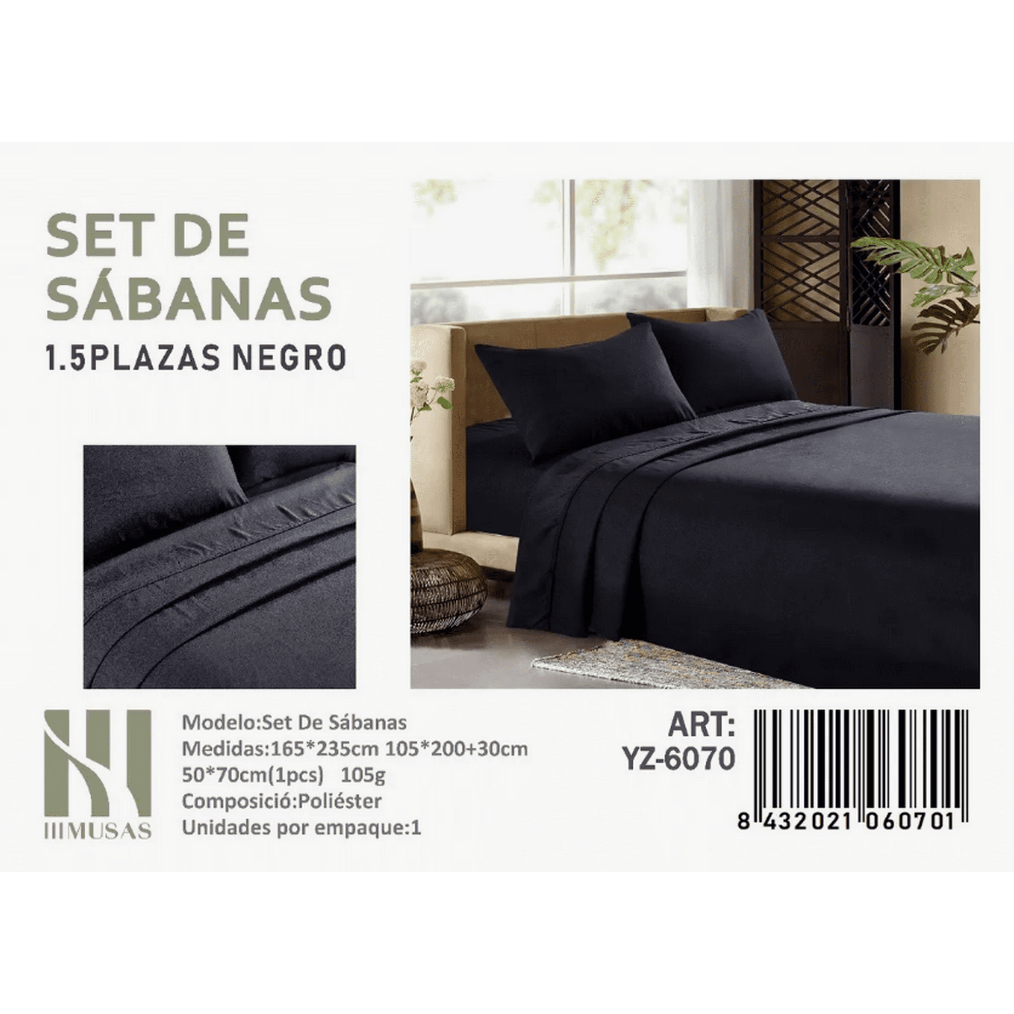 Todostore - Set De Sabanas Plaza Y Media Color 200 Negro Hilos + 1 Funda De Almohada