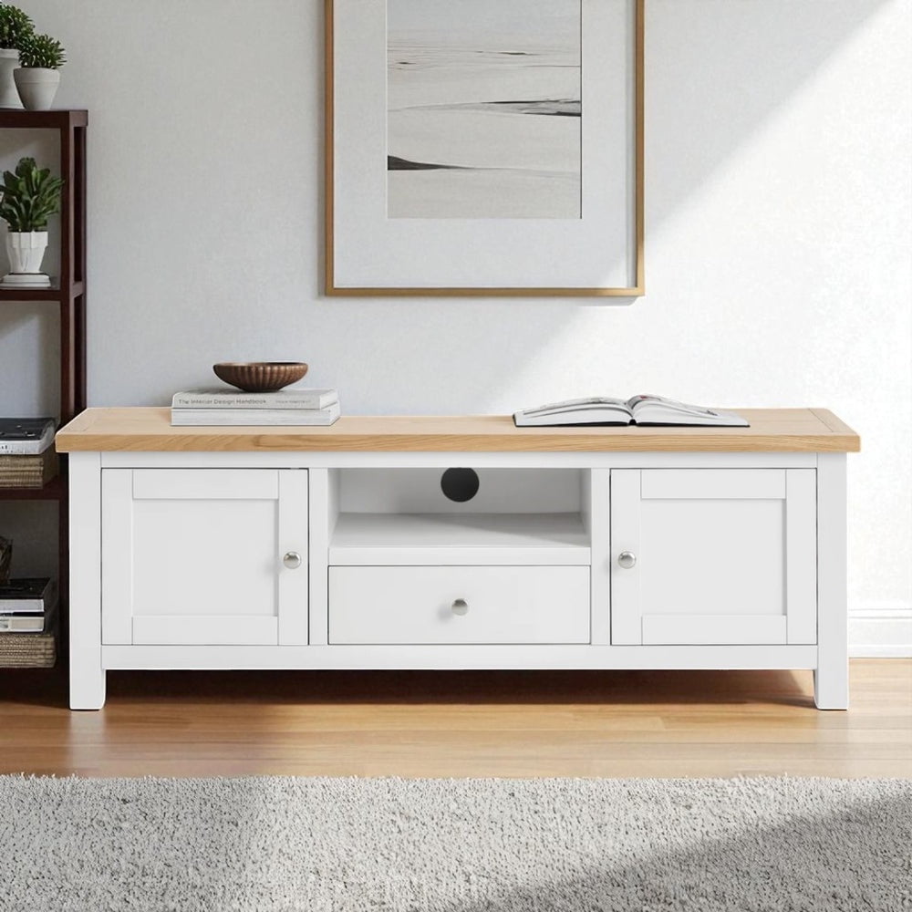 Arca Muebles - Rack De Tv De Madera 150x40x55 Color Blanco Cubierta Natural