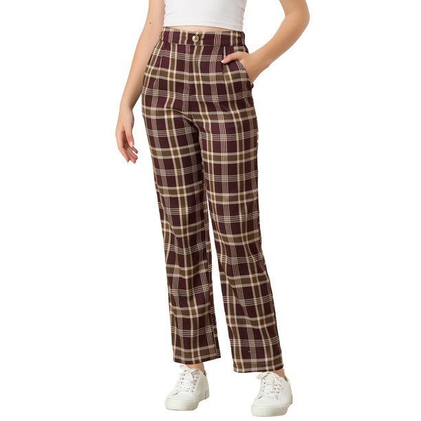 INSPIRE CHIC Pantalones Largos Rectos de Mujer con Cintura Elástica a Cuadros, Botón y Cremallera XL Rojo Marrón
