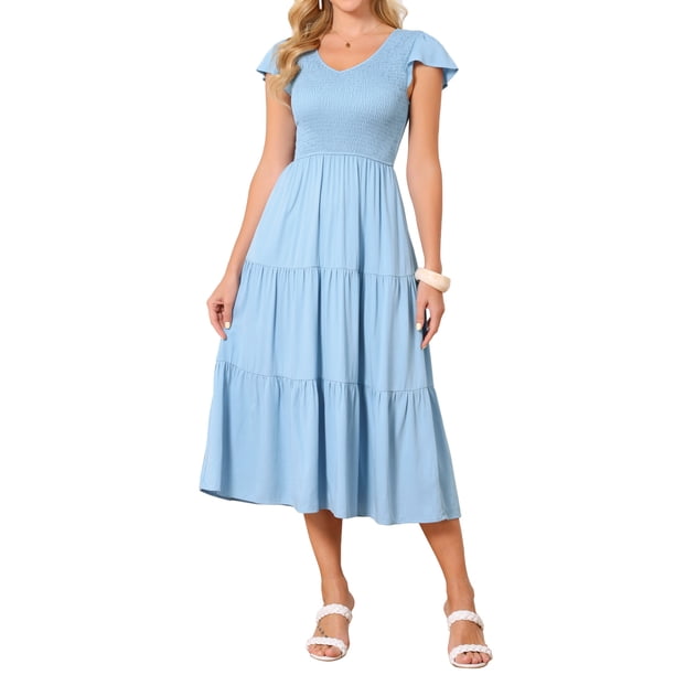 INSPIRE CHIC Vestido de Mujer con Nido de Abeja Casual de Manga Corta con Volantes Cuello en V Verano Línea A Elástico de Cintura Alta Vestidos Midi con Capas S Azul Claro