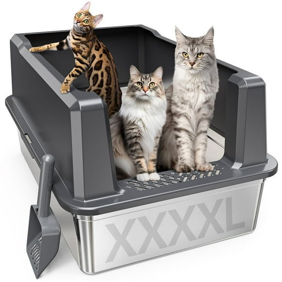 Caja de arena para gatos Pematar XXL de acero inoxidable, 28 cm de largo x 50 cm de ancho x 35 cm de alto