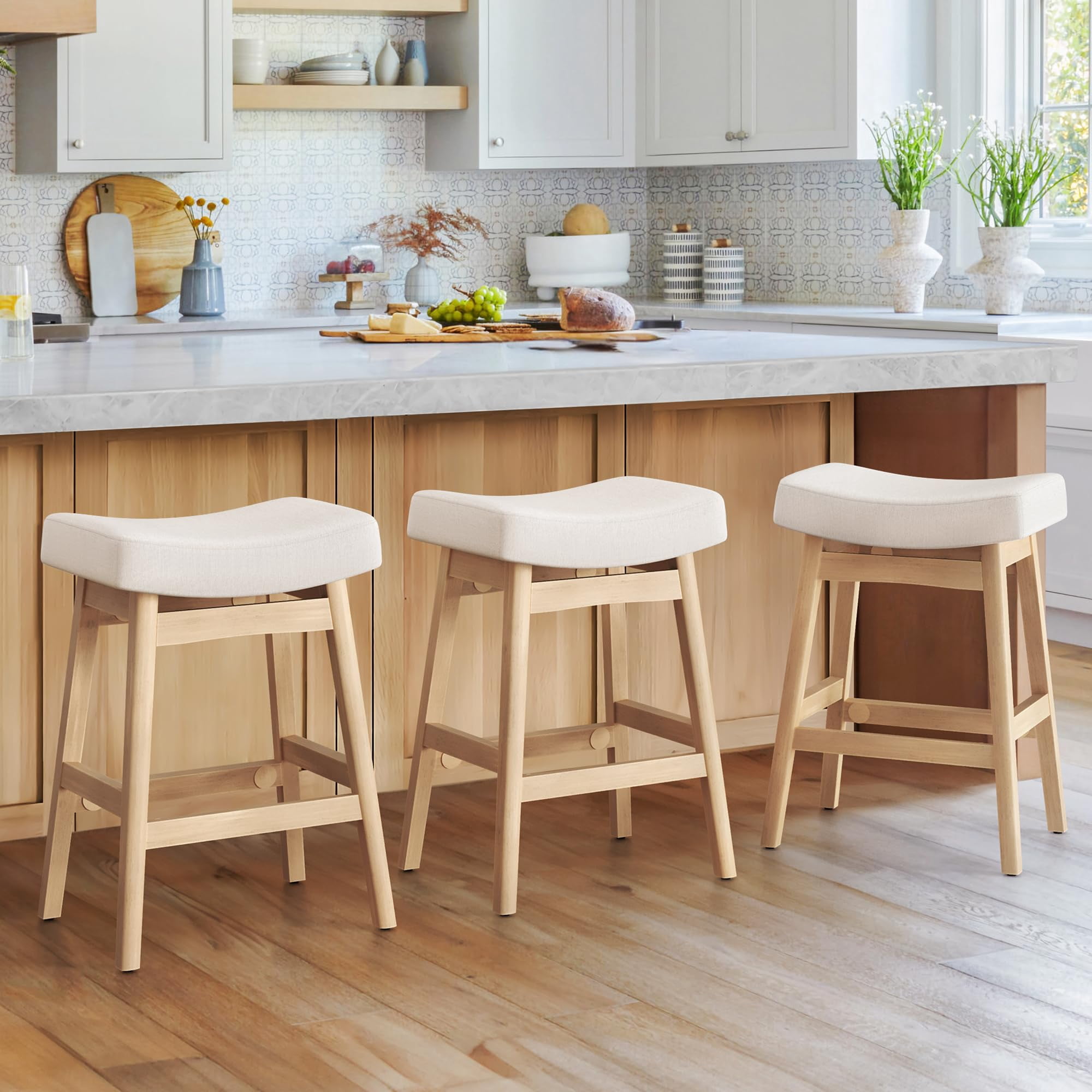 Juego De Taburetes De Bar Cozyman Con Patas De Madera Y Asiento De Sillín (paquete De 3)