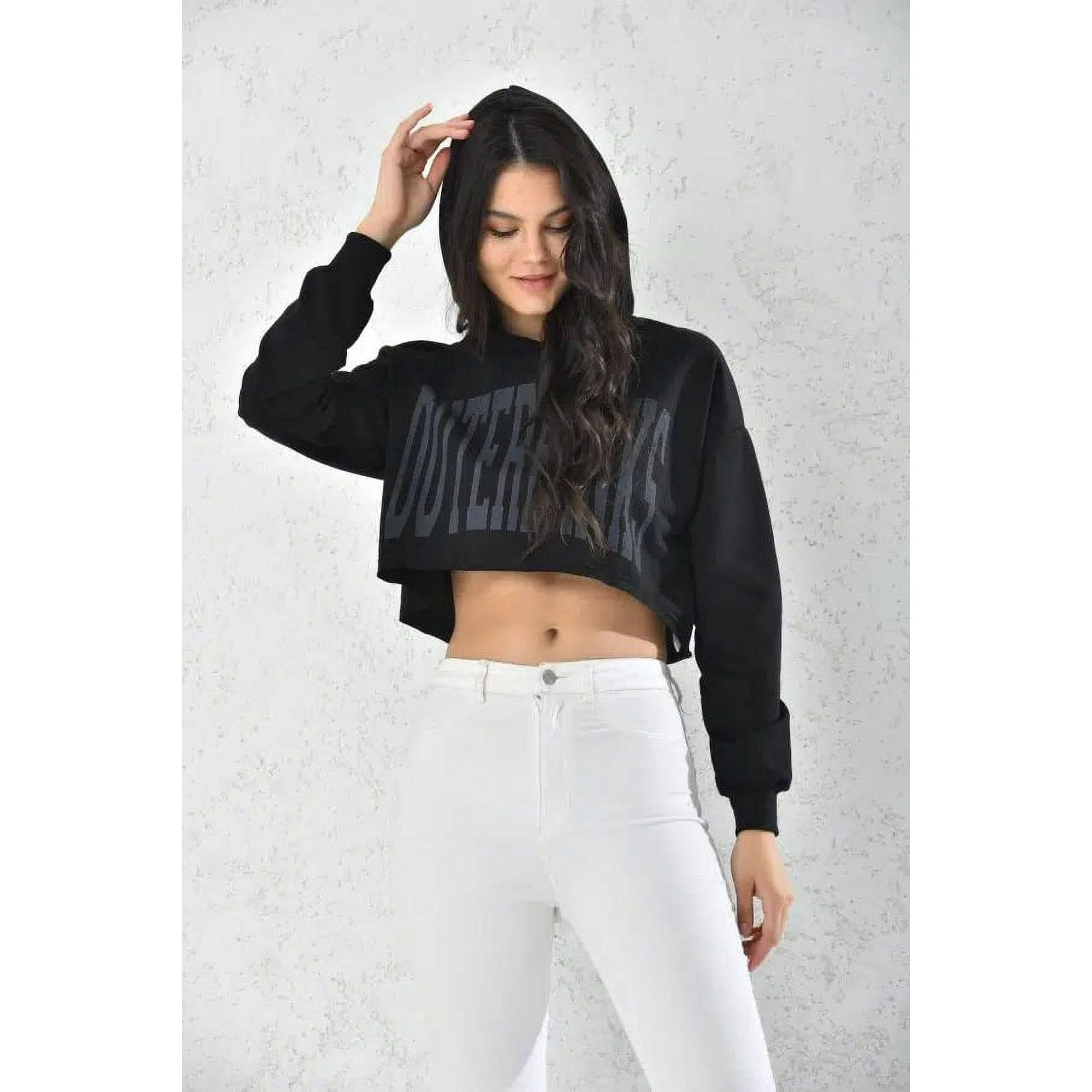 Home Fashion - Poleron Crop Mujer Negro Con Capucha Talla M
