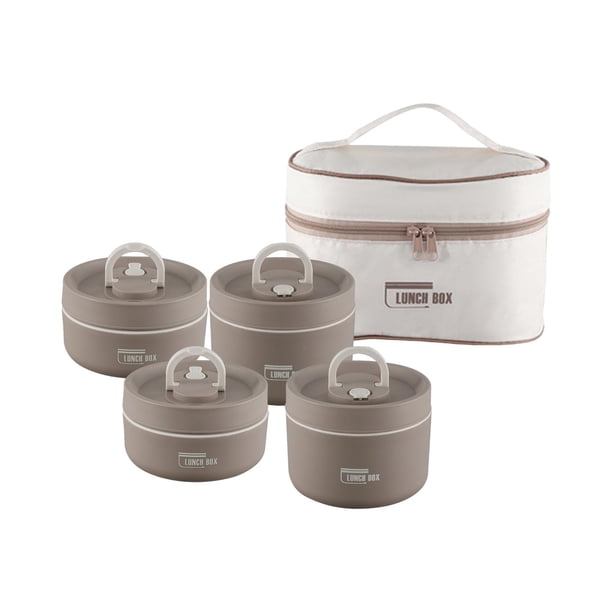 Juego de fiambreras aisladas de 4 piezas, caja Bento, apilable, redonda, para almacenamiento de alimentos fríos o calientes con bolsa, contenedor de a Marrón