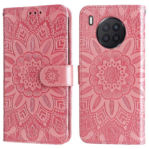 Funda tipo cartera FOXDOCK para Honor 50 Lite , diseño girasol en relieve, cuero PU, cierre magnético, soporte y tarjetero