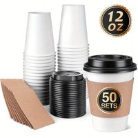 Wakeshome - Vaso Cafe Kraft Vasos Polipapel Con Tapa Manga 12Oz 50Und