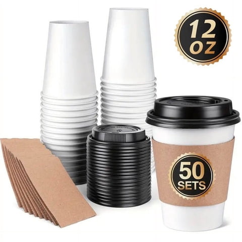 Wakeshome - Vaso Cafe Kraft Vasos Polipapel Con Tapa Manga 12Oz 50Und