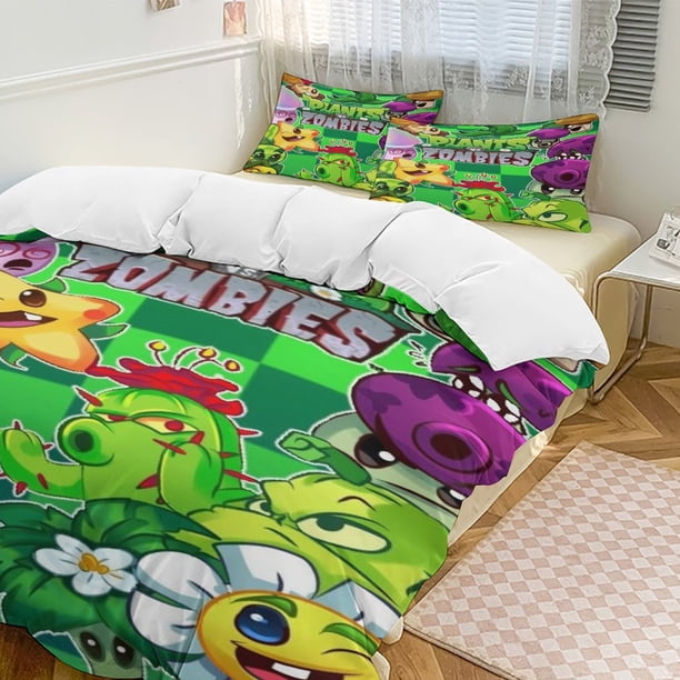 Plants Vs Zombies Quilt Set Thicken Soft 3 Pieces Bedding Set All Season Duvet Cove with 2 Pillowcases for Adult Women Girls Teens Home Room Decor