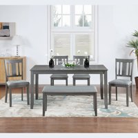 M&Ms - 6 Piece Kitchen Dining Set, Rectangular Wooden Dining Table With 4 Upholstered Chairs And A Bench, Dining Table Set For 6 People, Living Room, Home Bar And Kitchen, Gray