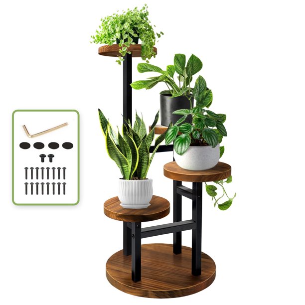 Soporte para plantas AUGOSTA, esquina, madera, metal, 4 niveles, para interiores y exteriores