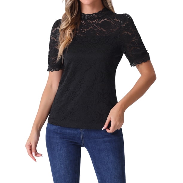 INSPIRE CHIC Top de Encaje Floral para Mujer Cuello Simulado Manga Corta Abullonada Blusa Elegante de Encaje M Negro