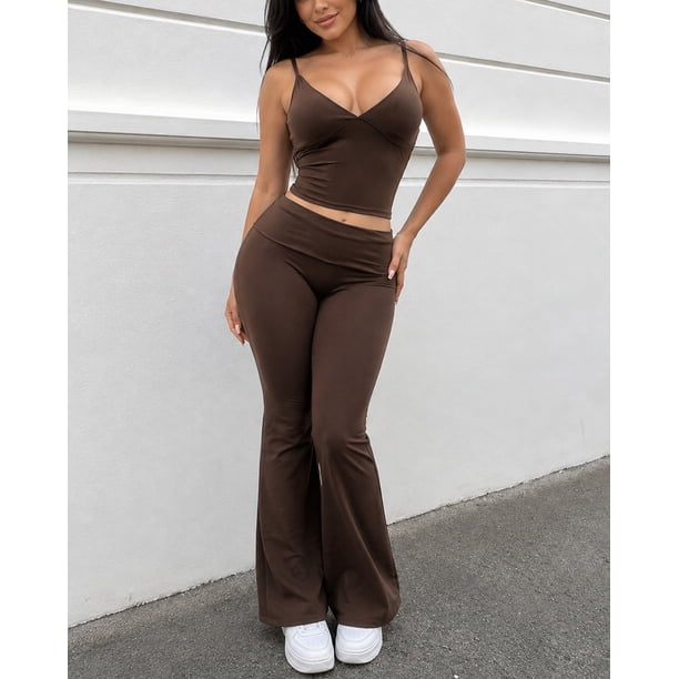 Set Deportivo Mujer Crop Top Escote V Y Calza Acampanada Foldover