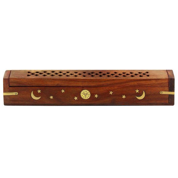 Portaincienso de Madera Sheesham con Incrustación de Latón Sol y Luna – 30 cm – COTTON CRAFT