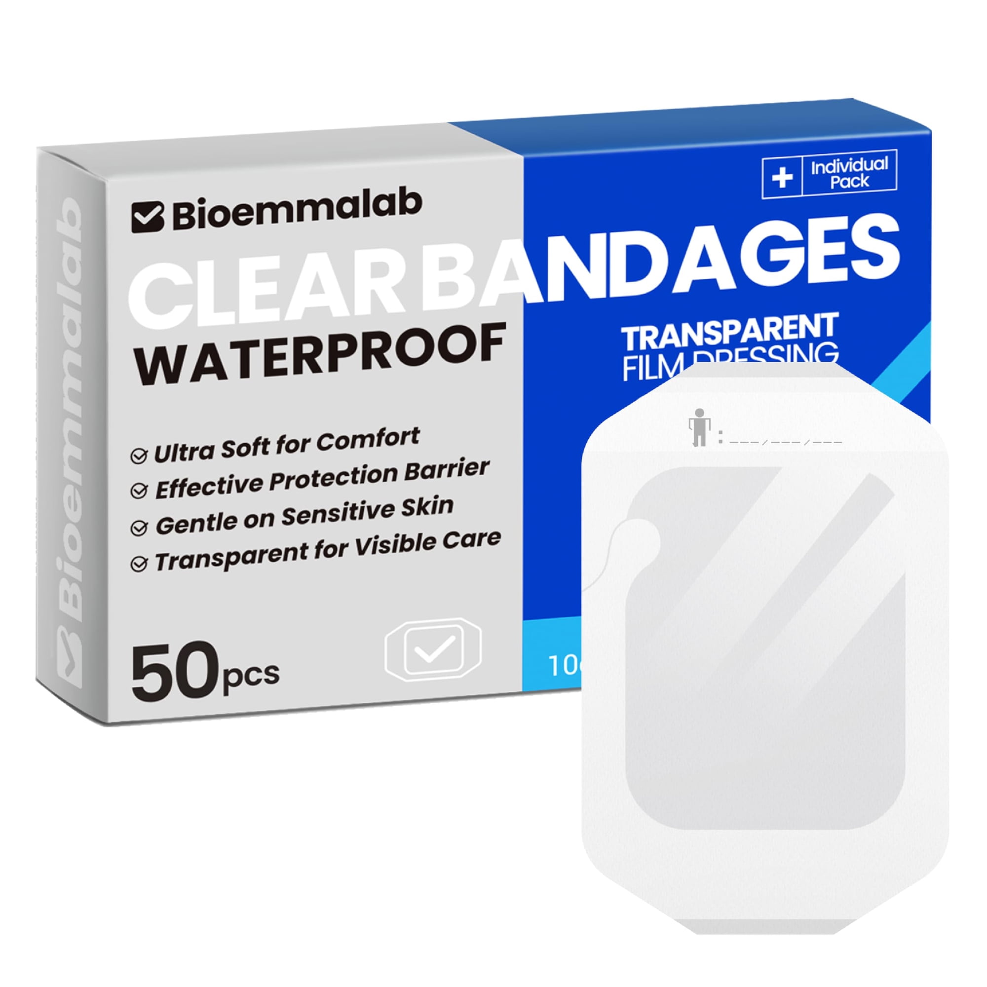 Bioemmalab - Cinta Adhesiva Transparente Para Vendajes Impermeables Y Tatuajes, 4 X 12 Cm, 50 Unidades