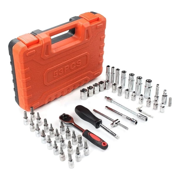 Juego Caja Set Dados Con Chicharra 1/4 53 Pcs Kit Maletin Herramientas Mecanicas Puntas Atornillador Llaves Allen Extensiones Profesionales FIGOIMPORT