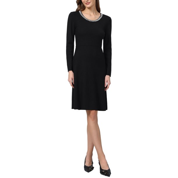 Vestido de Suéter para Mujer INSPIRE CHIC 2026 Otoño Invierno Cuello con Perlas Línea A Vestidos de Punto Acanalado M Negro
