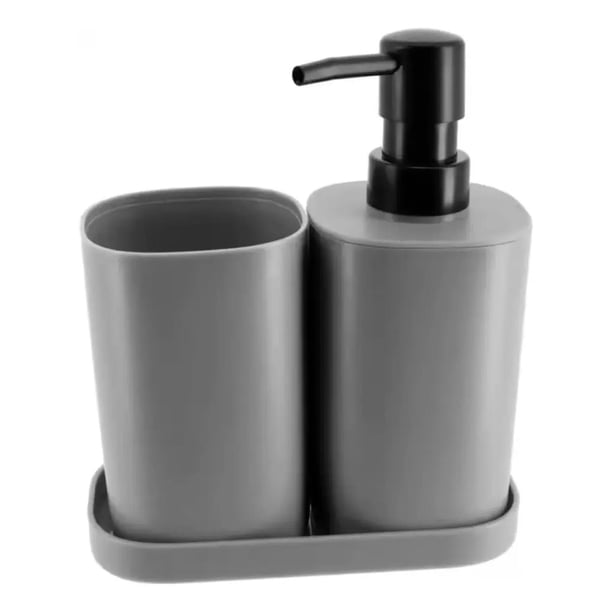 Set Juego De Baño 3 Pieza Jabon Dispensador Cepillo Plastic gris