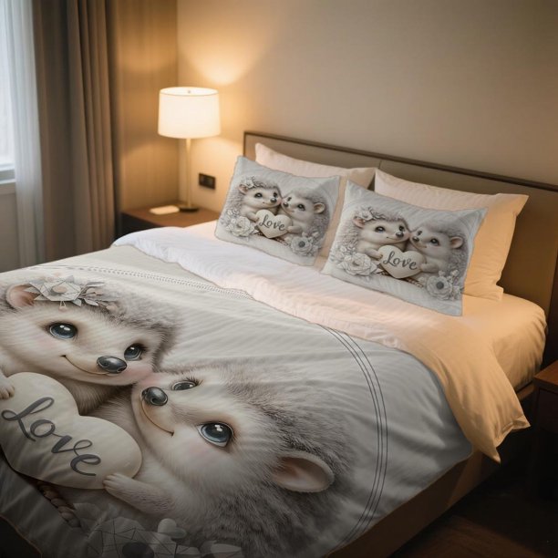 Hedgehog Love Embrace Duvet Cover Set Bohemian Style Cartoon AllSeason