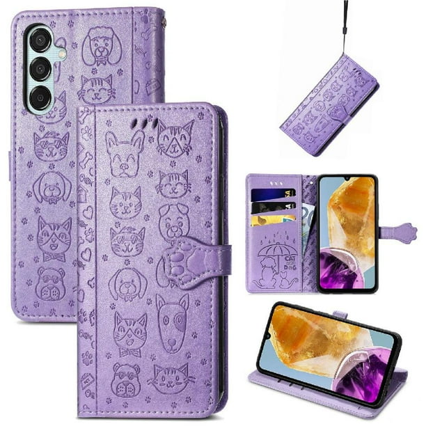 Funda Cartera FOXDOCK para Samsung Galaxy M15 , Flip PU con Relieve de Gatos y Perros, Tarjetero y Soporte