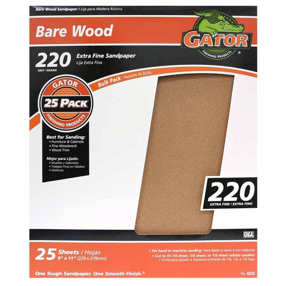 Hojas de lijado GATOR 220 Grit para madera desnuda, 9 x 11 pulgadas, paquete de 25