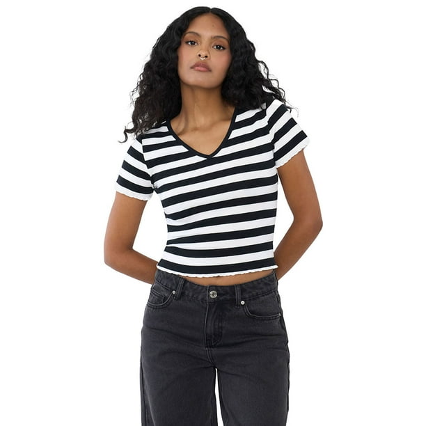 Polera Mujer Manga Corta Rayas Negro Corona