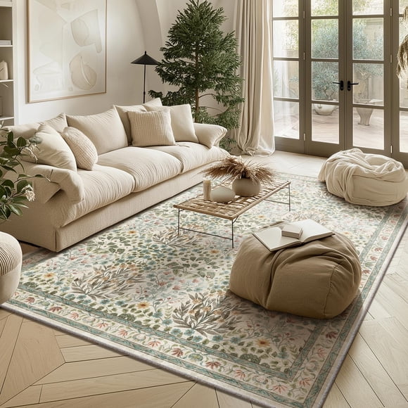 Alfombra Baksham 132x178 cm Beige y Azul Floral Lavable