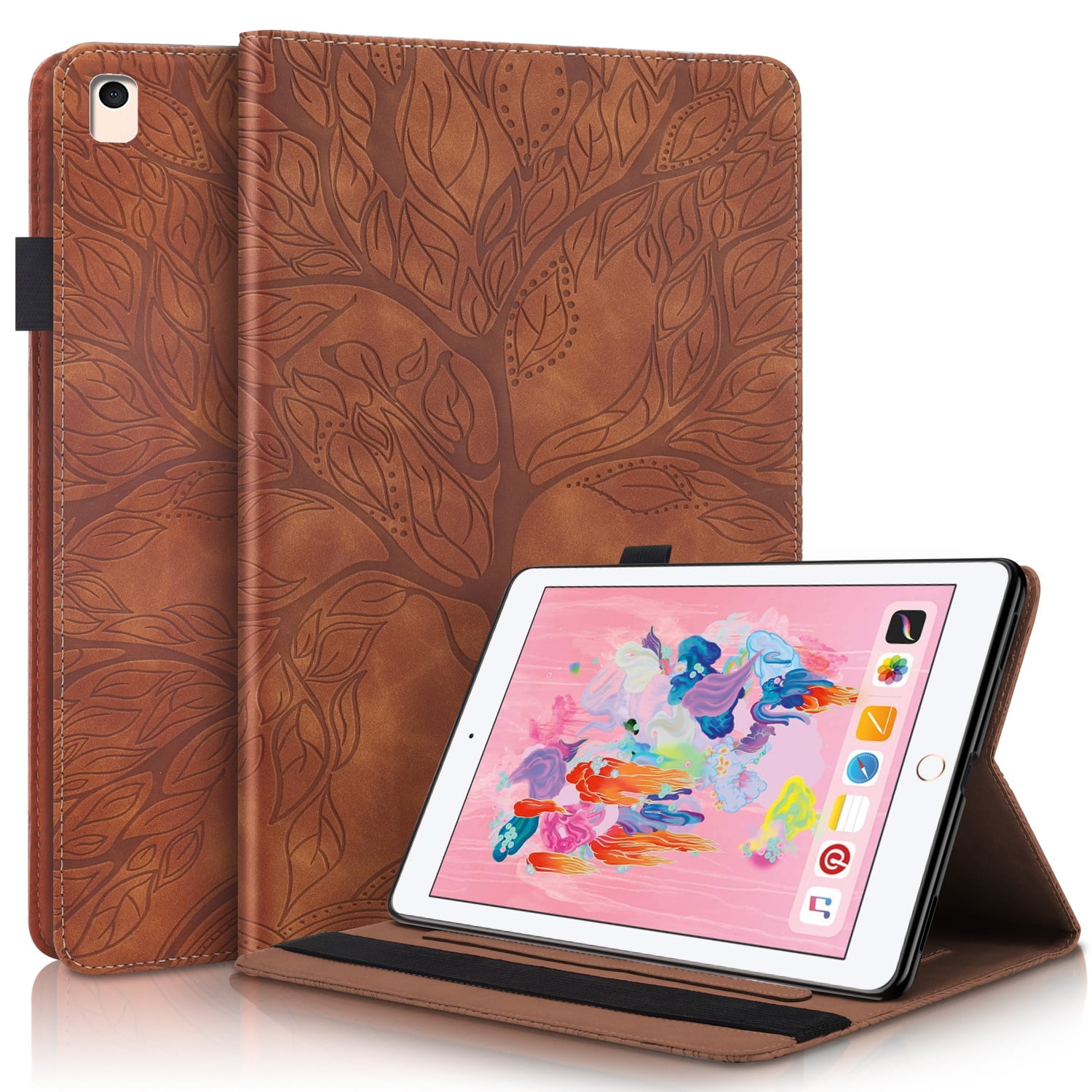 Foxdock - Funda Con Relieve Del Árbol De La Vida Para Tablet Ipad 5/6/8/9 Con Soporte, Ranuras Para Tarjetas Y Soporte Para Lápiz Óptico. Marrón