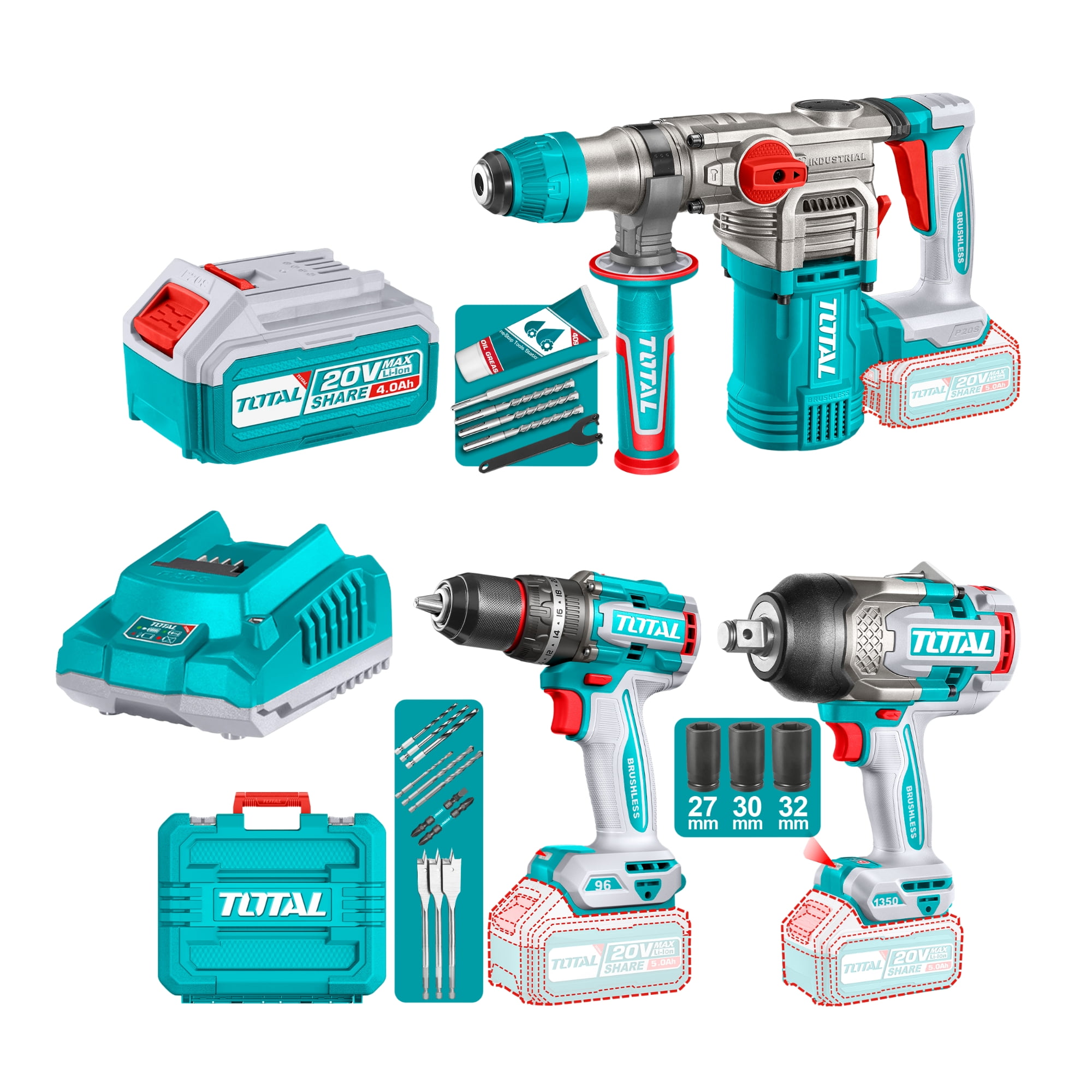 Kit 20 V Llave De Impacto, Taladro Y Rotomartillo Inalámbrico Total