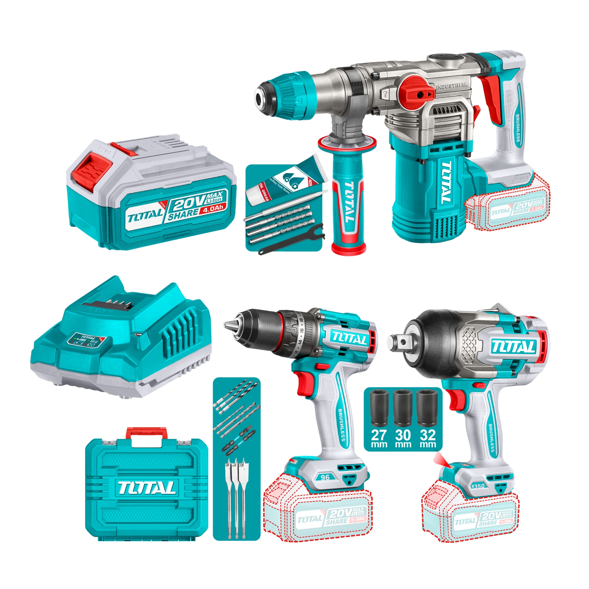 Kit 20 V Llave De Impacto, Taladro Y Rotomartillo Inalámbrico Total