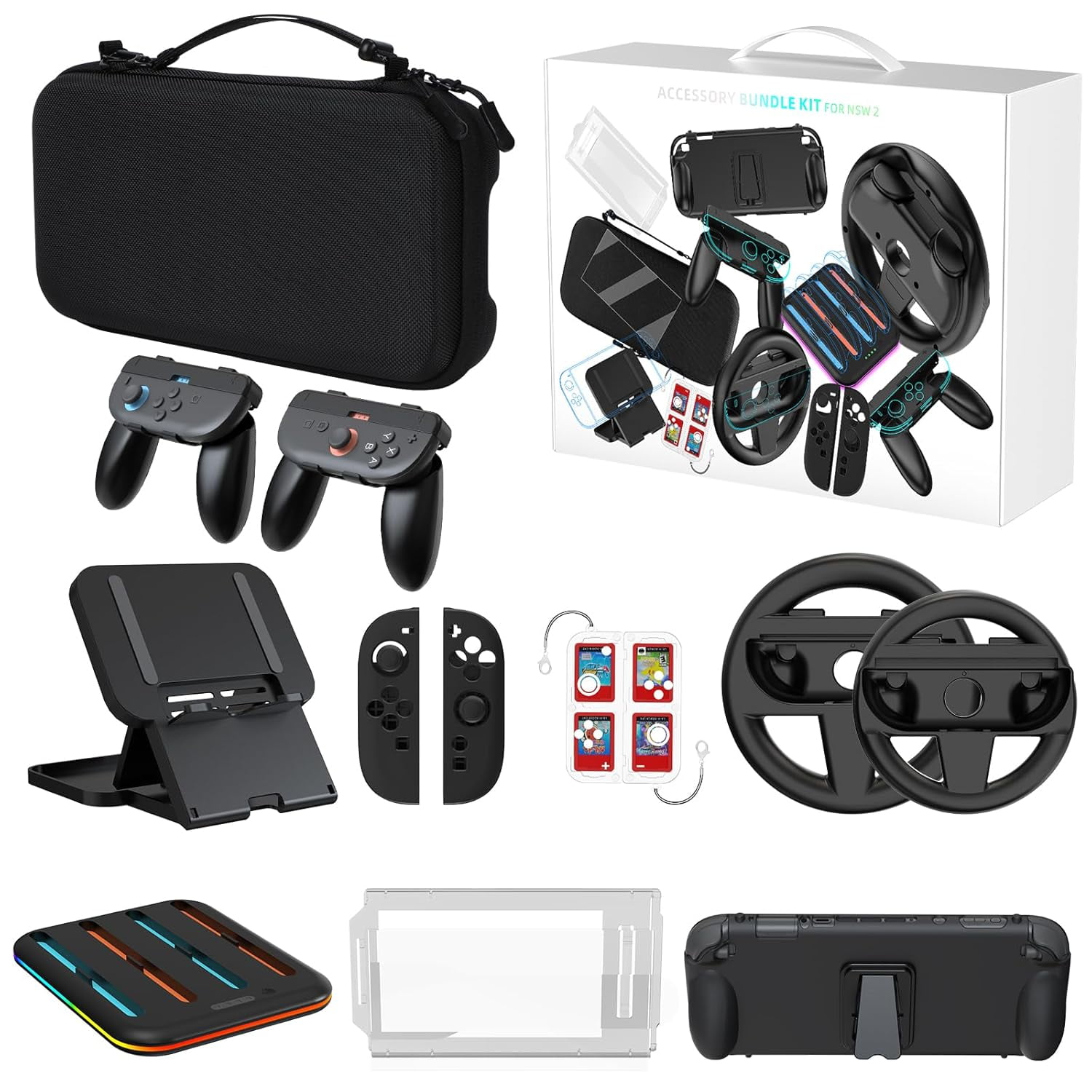 Genérico - Paquete De Accesorios 15 En 1 Para Nintendo Switch 2 Con Funda De Transporte, Carcasa Protectora, 2 Volantes, Estación De Carga, Protector De Pantalla, 2 Agarraderas, Funda De Tpu