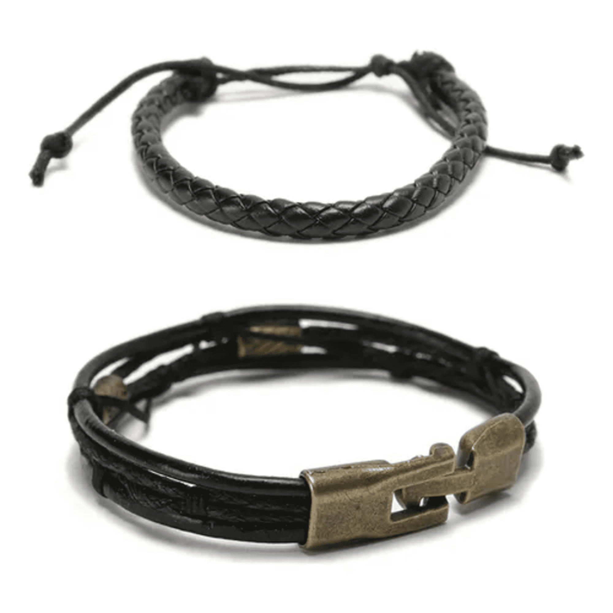 Genérico - Pack 2 Pulseras Cuero Negro Hombre Mujer