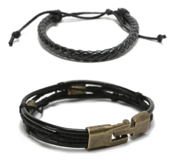 Genérico - Pack 2 Pulseras Cuero Negro Hombre Mujer