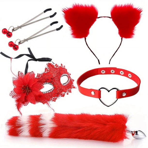 4pcs Couple Flirting Kit - Fox Ear Headband, Tail Anal Plug, Eye Mask, and Nipple Clamp - Sexy Cosplay Costume for Passionate Play